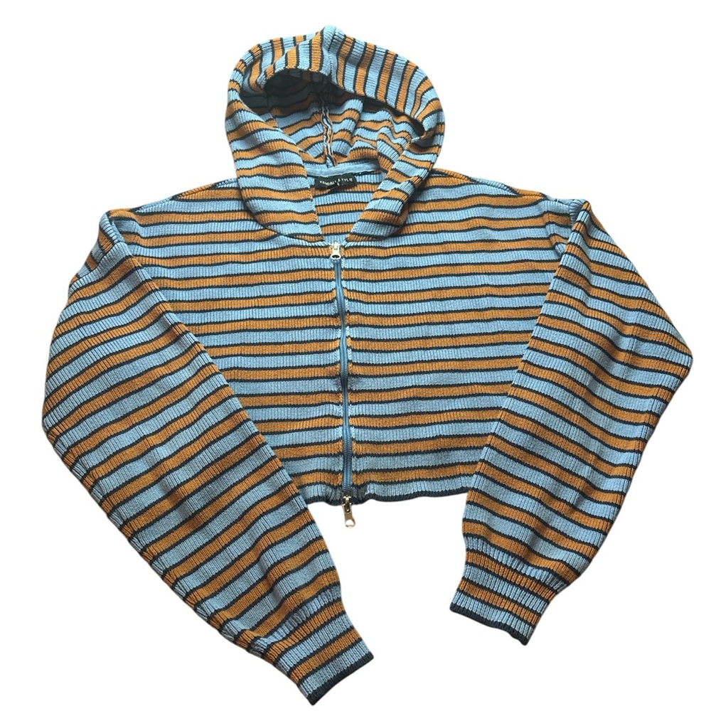 Y2K Retro Kendall + Kylie Striped Cropped Zip-Up Hoodie | Blue & Orange Knit M